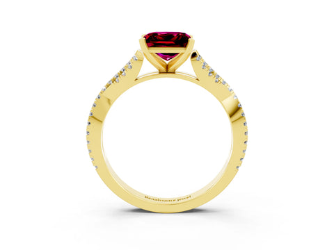 Yellow gold Princess Cut Garnet Solitaire Engagement Ring with Twisted Pavé Band and Four-Prong Setting_15