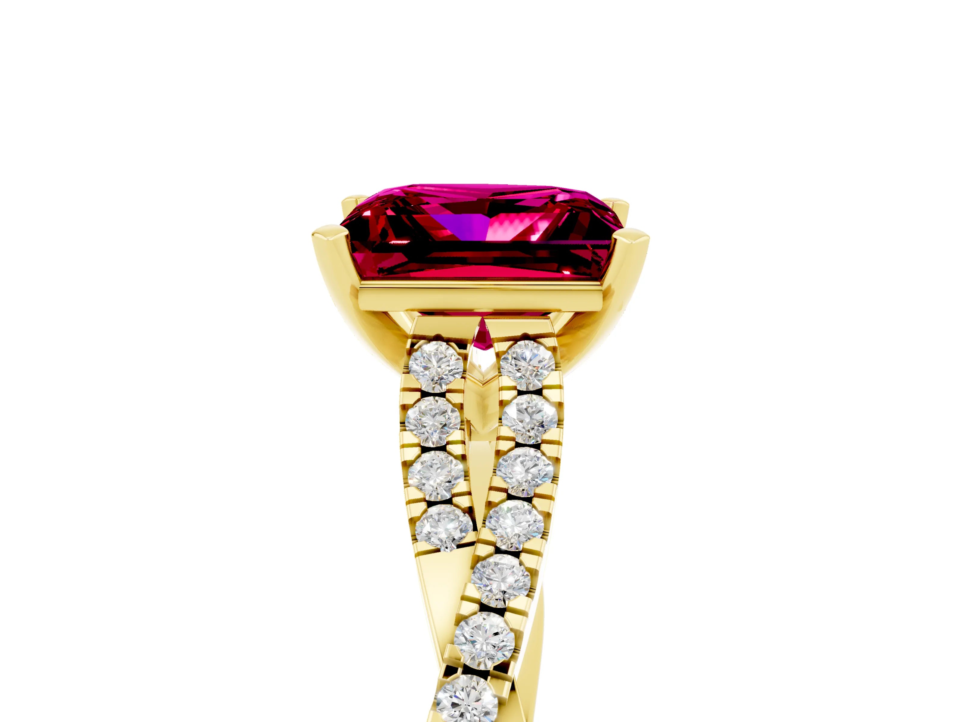 Yellow gold Princess Cut Garnet Solitaire Engagement Ring with Twisted Pavé Band and Four-Prong Setting_17