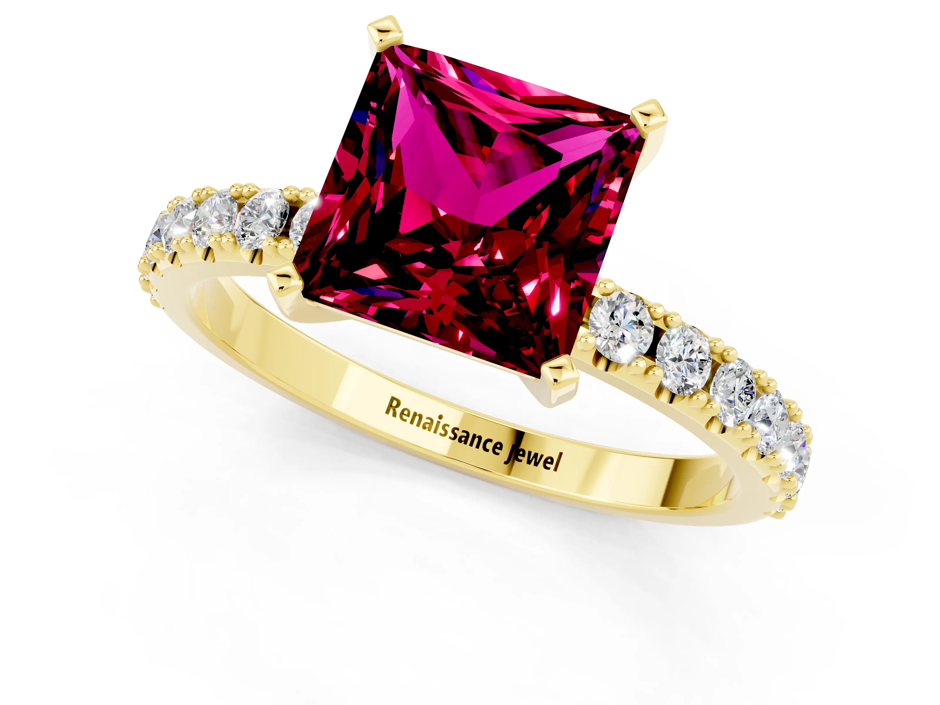 Yellow gold Princess Cut Garnet Solitaire Pavé Band with Four-Prong Setting_1