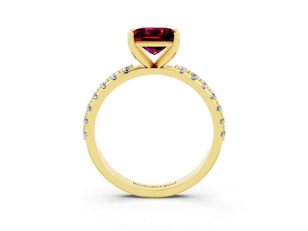 Yellow gold Princess Cut Garnet Solitaire Pavé Band with Four-Prong Setting