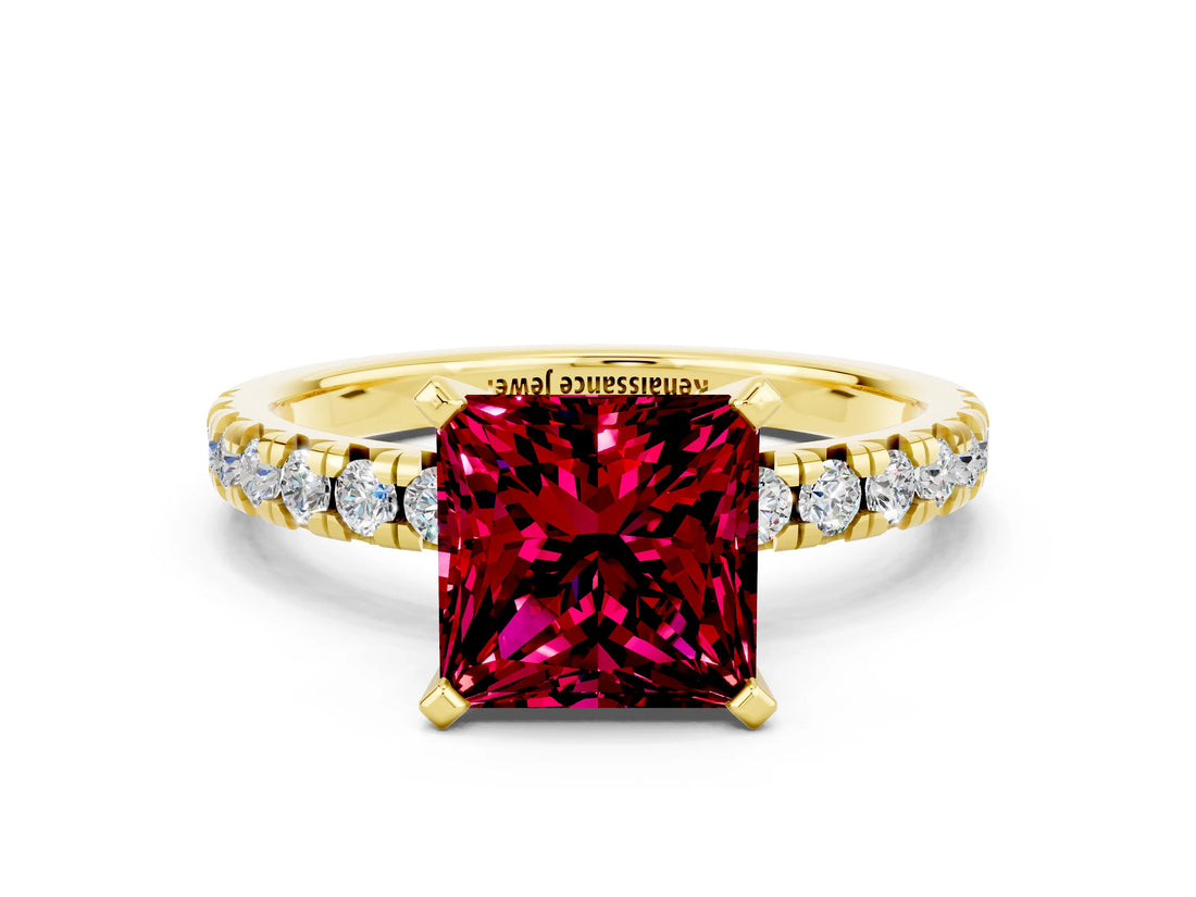 Yellow gold Princess Cut Garnet Solitaire Pavé Engagement Ring with Round Band and Prong Setting_72