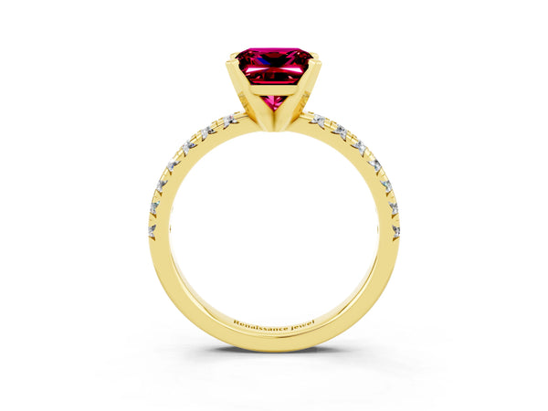 Yellow gold Princess Cut Garnet Solitaire Pavé Engagement Ring with Round Band and Prong Setting