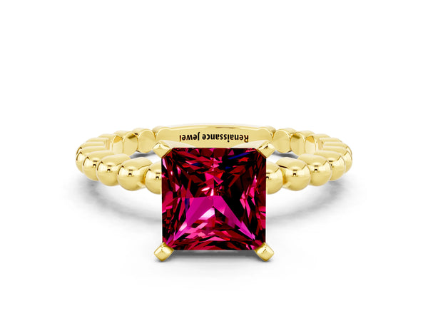 Yellow gold Princess Cut Garnet Solitaire Ring with Beaded Band and Prong Setting