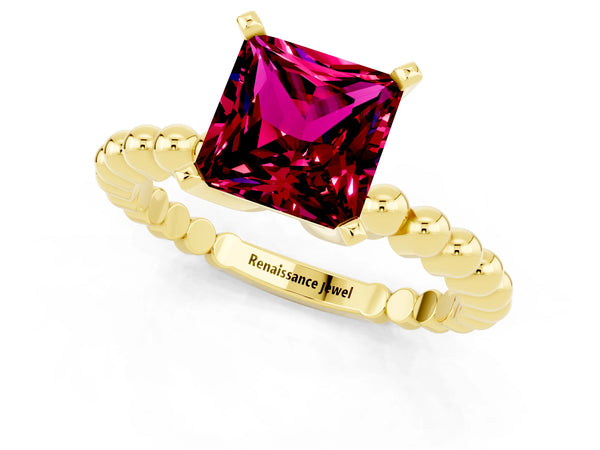 Yellow gold Princess Cut Garnet Solitaire Ring with Beaded Band and Prong Setting