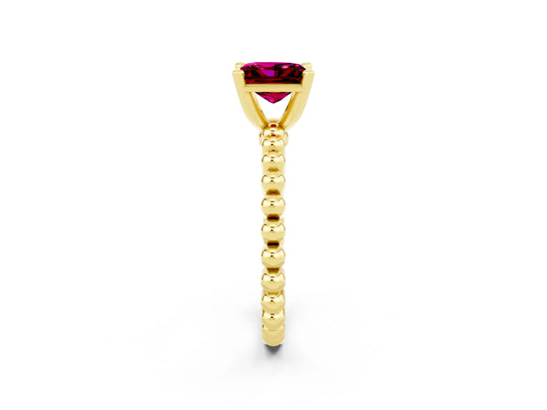 Yellow gold Princess Cut Garnet Solitaire Ring with Beaded Band and Prong Setting