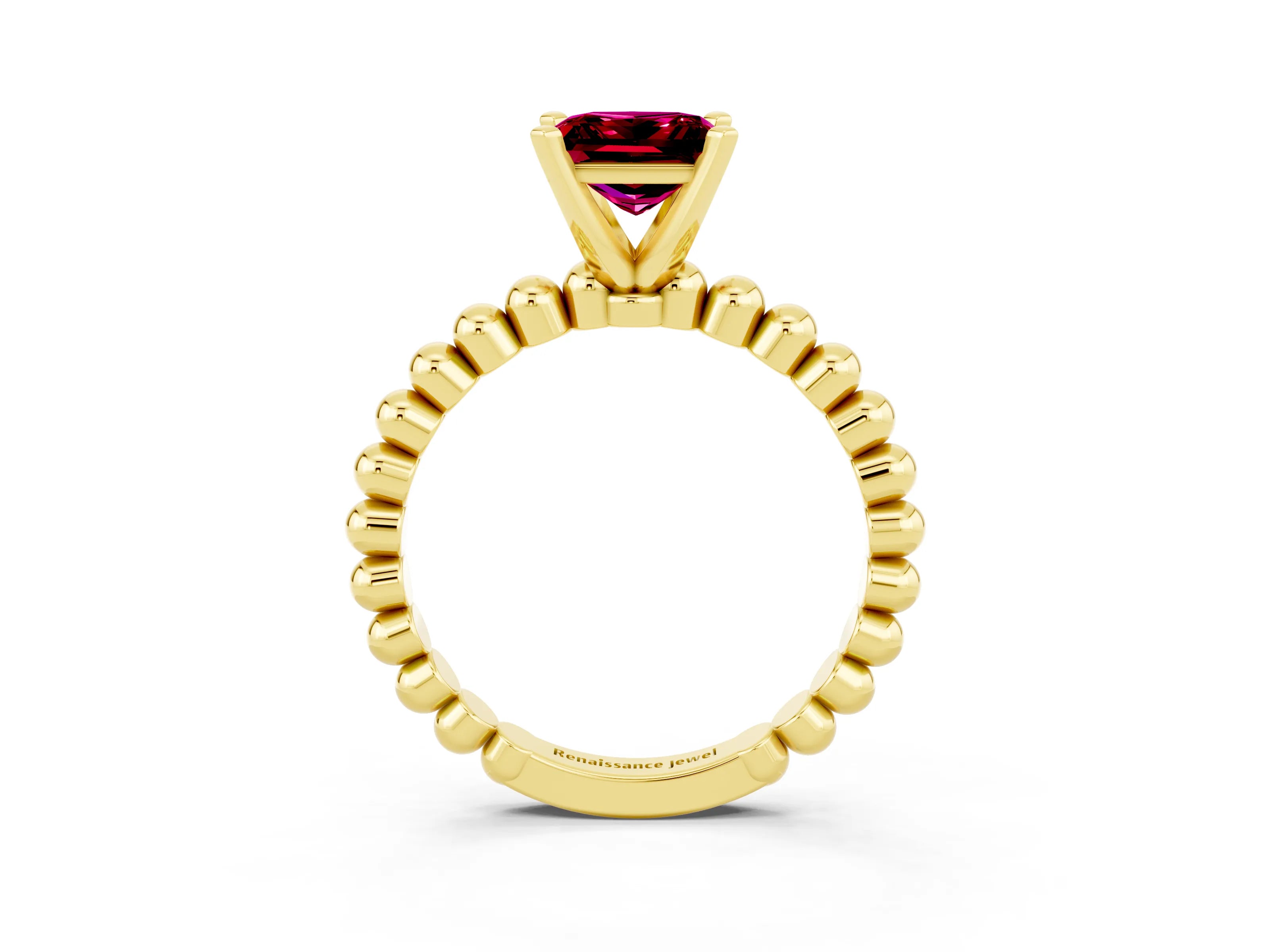 Yellow gold Princess Cut Garnet Solitaire Ring with Beaded Band and Prong Setting_3