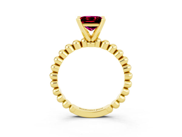 Yellow gold Princess Cut Garnet Solitaire Ring with Beaded Band and Prong Setting