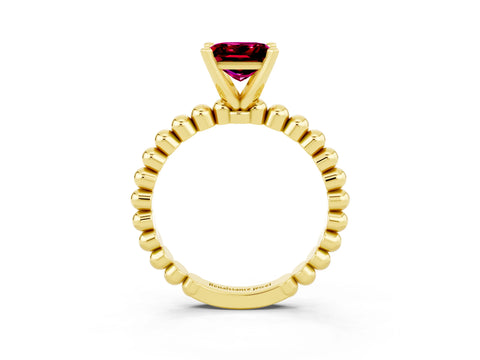 Yellow gold Princess Cut Garnet Solitaire Ring with Beaded Band and Prong Setting_3