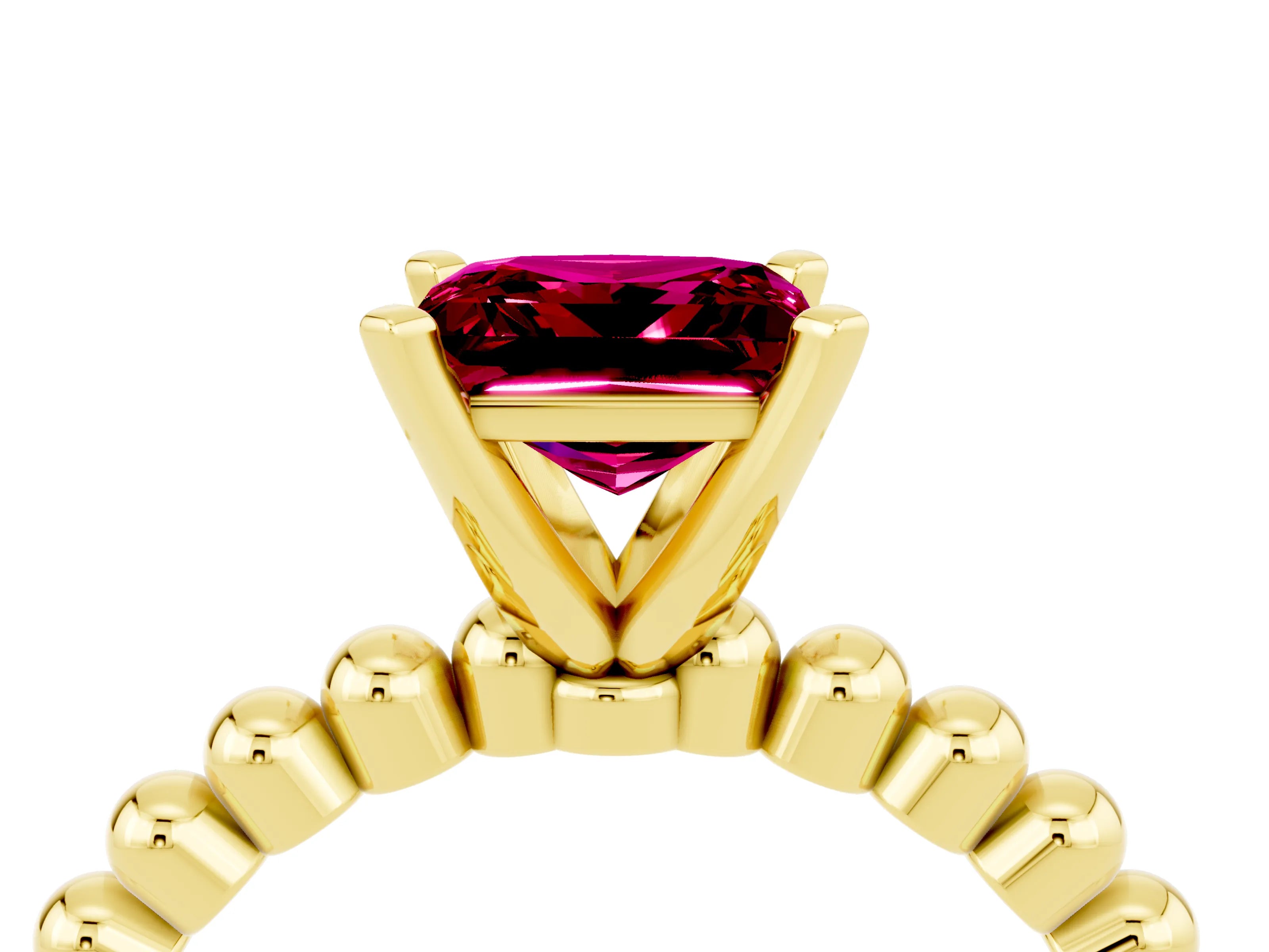 Yellow gold Princess Cut Garnet Solitaire Ring with Beaded Band and Prong Setting_4