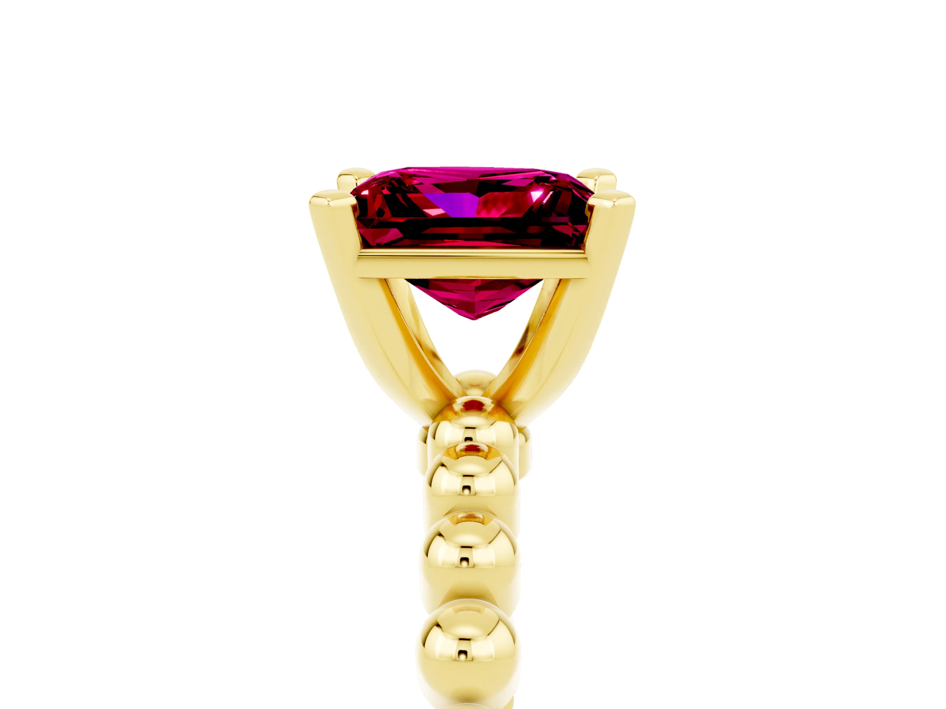 Yellow gold Princess Cut Garnet Solitaire Ring with Beaded Band and Prong Setting_5