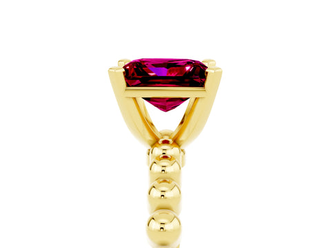 Yellow gold Princess Cut Garnet Solitaire Ring with Beaded Band and Prong Setting_5