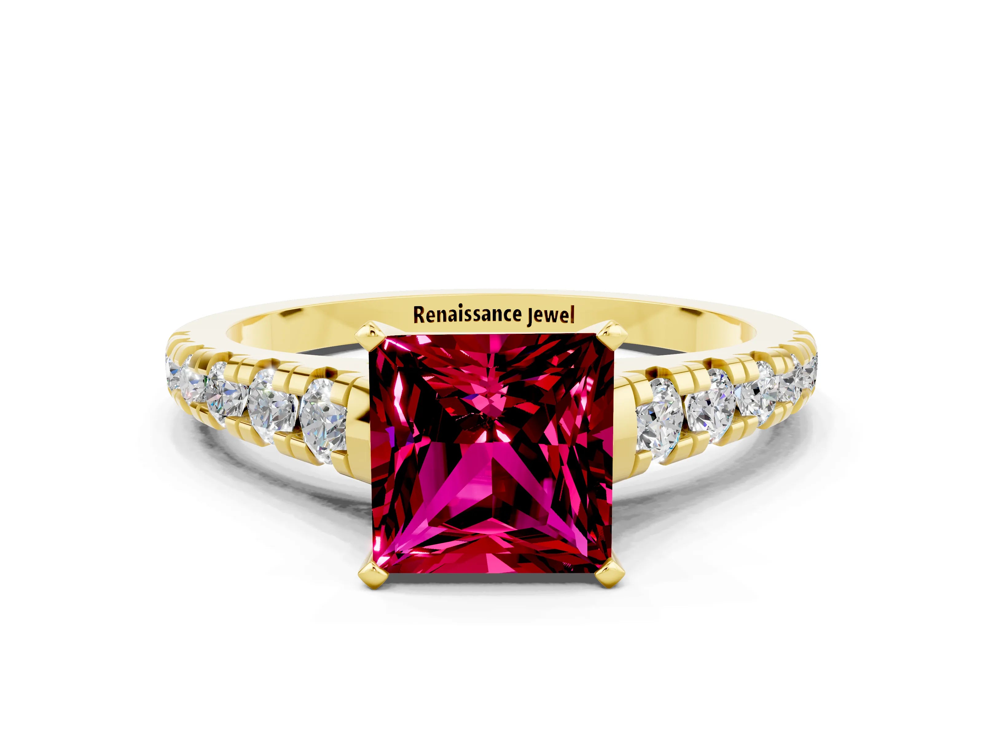Yellow gold Princess Cut Garnet Solitaire Ring with Cathedral Setting and Pavé Band