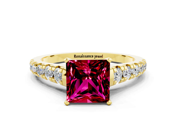 Yellow gold Princess Cut Garnet Cathedral Solitaire Ring with Round  Pavé Band