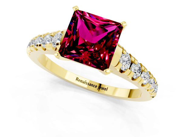Yellow gold Princess Cut Garnet Cathedral Solitaire Ring with Round  Pavé Band