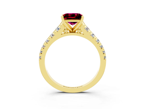 Yellow gold Princess Cut Garnet Cathedral Solitaire Ring with Round  Pavé Band