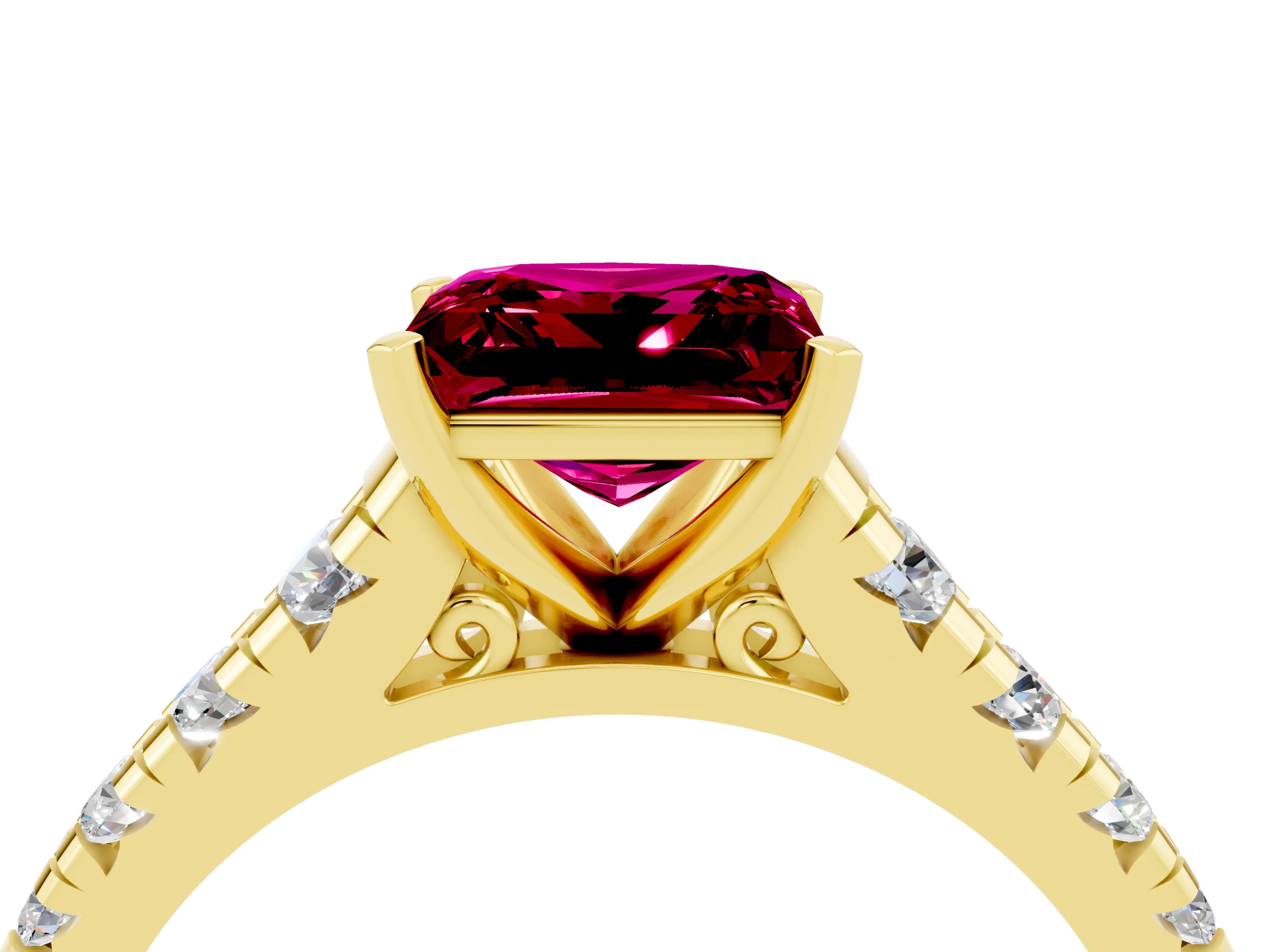 Yellow gold Princess Cut Garnet Solitaire Ring with Cathedral Setting and Pavé Band_4