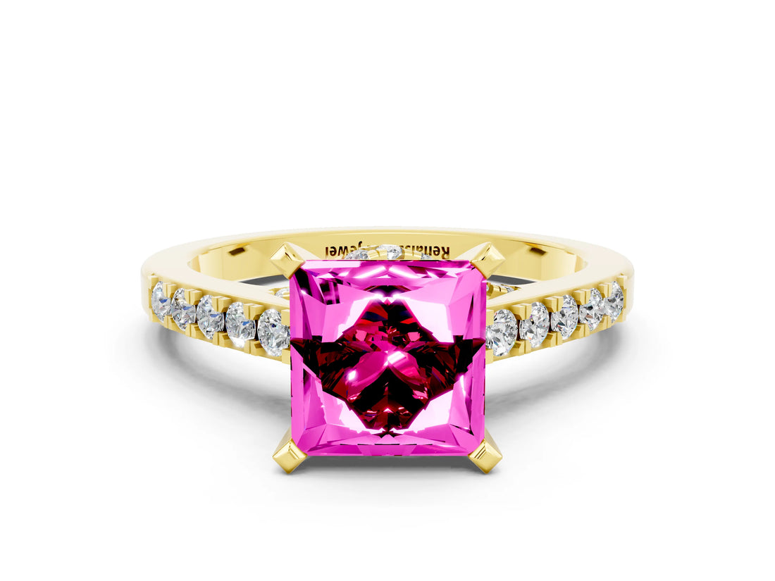 Yellow gold Princess Cut Garnet Solitaire Ring with Crossover Gallery and Round  Pavé Band_12