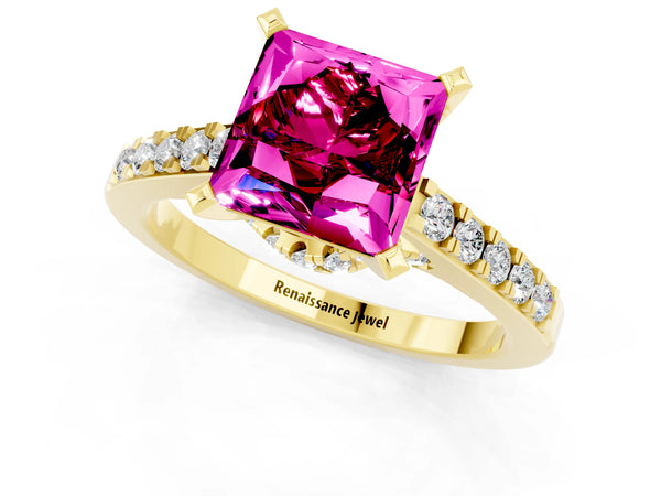 Yellow gold Princess Cut Garnet Solitaire Ring with Crossover Gallery and Round  Pavé Band
