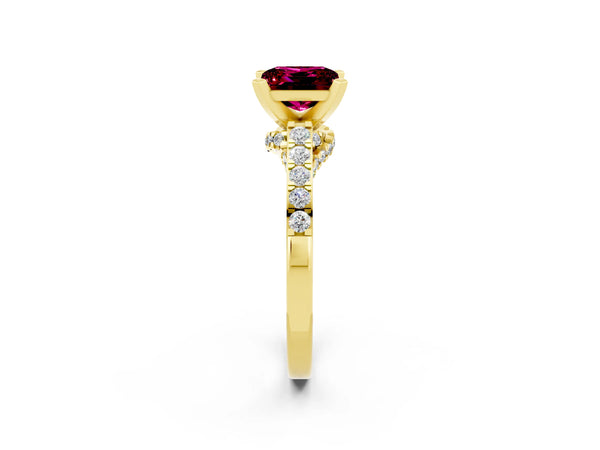 Yellow gold Princess Cut Garnet Solitaire Ring with Crossover Gallery and Round  Pavé Band