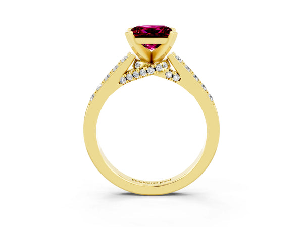 Yellow gold Princess Cut Garnet Solitaire Ring with Crossover Gallery and Round  Pavé Band