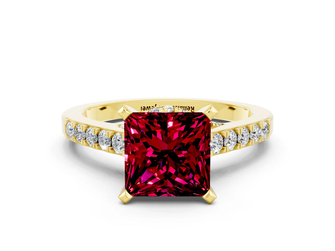 Yellow gold Princess Cut Garnet Solitaire Ring with Crossover Gallery and Round  Pavé Band_24