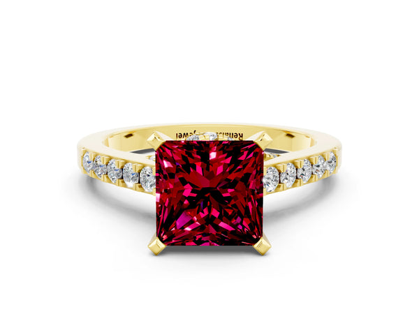 Yellow gold Princess Cut Garnet Solitaire Ring with Crossover Gallery and Round  Pavé Band