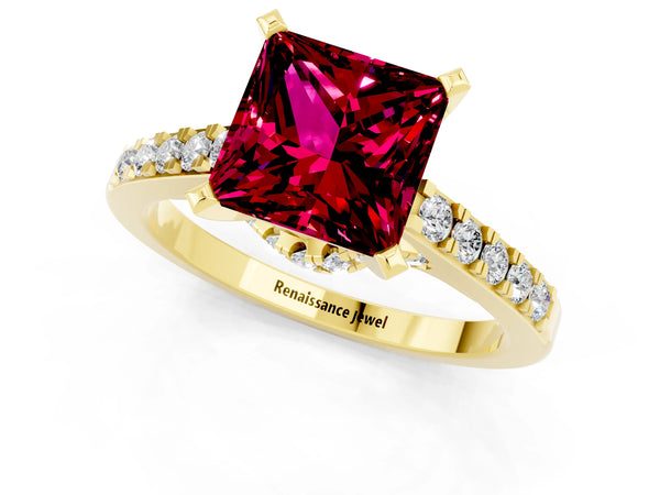 Yellow gold Princess Cut Garnet Solitaire Ring with Crossover Gallery and Round  Pavé Band