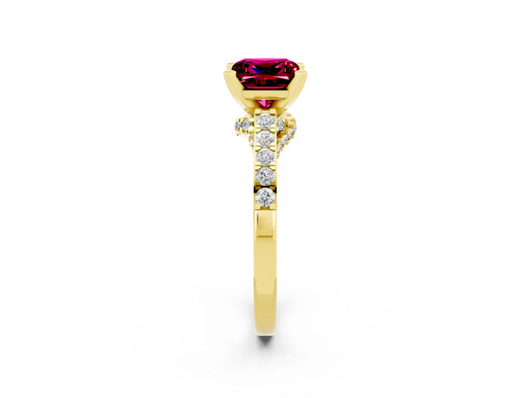 Yellow gold Princess Cut Garnet Solitaire Ring with Crossover Gallery and Round  Pavé Band