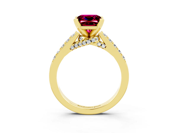 Yellow gold Princess Cut Garnet Solitaire Ring with Crossover Gallery and Round  Pavé Band