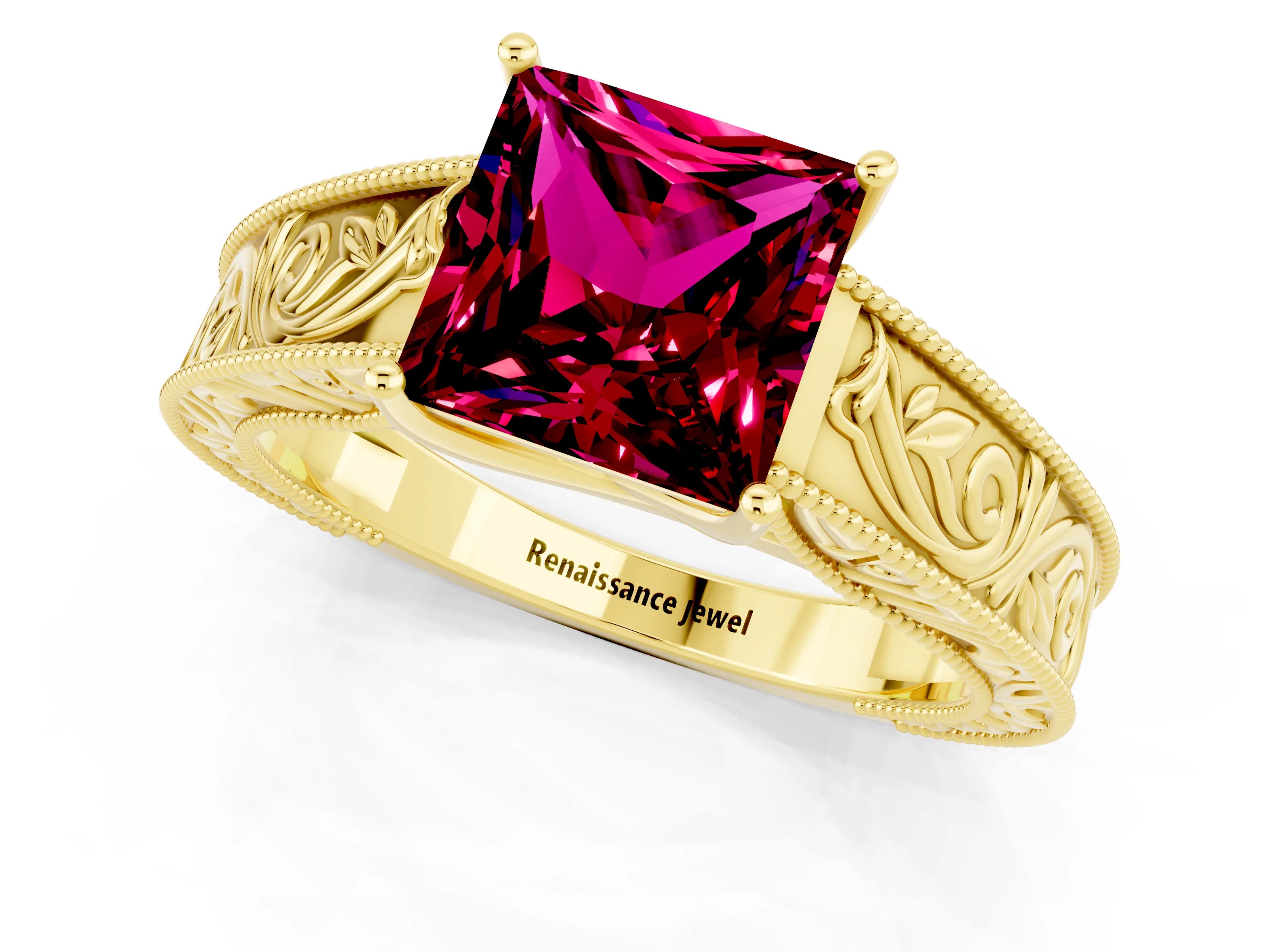 Yellow gold Princess Cut Garnet Solitaire Ring with Engraved Band and Four-Prong Setting_1
