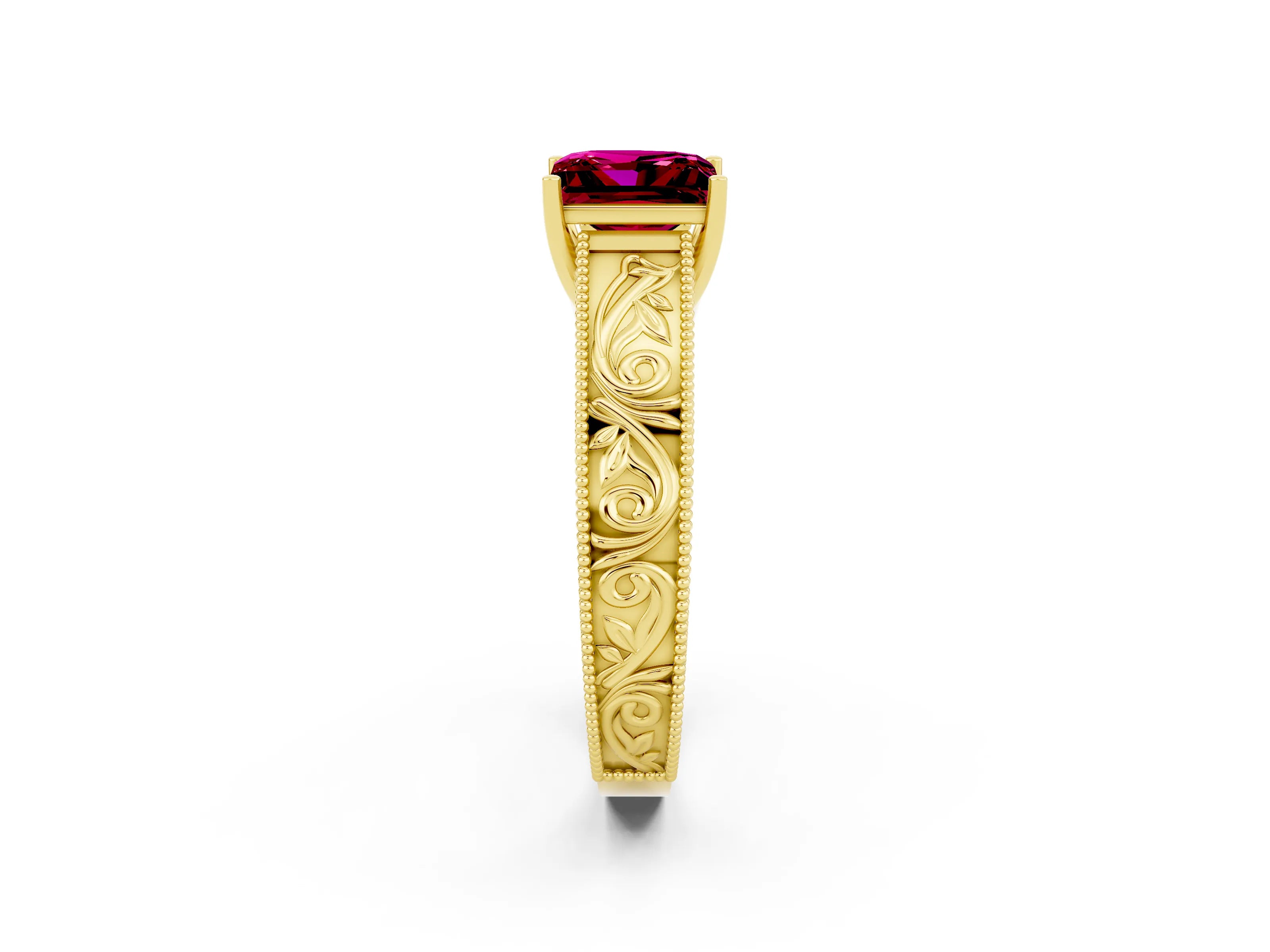 Yellow gold Princess Cut Garnet Solitaire Ring with Engraved Band and Four-Prong Setting_2