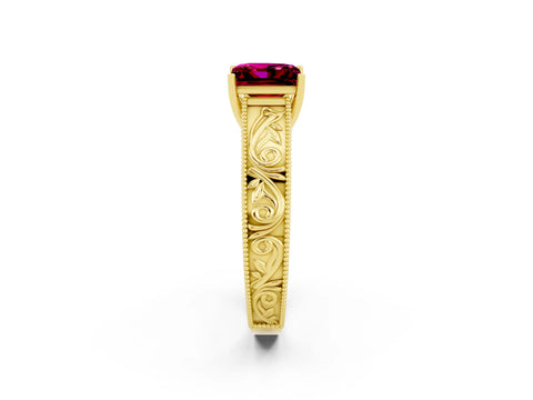 Yellow gold Princess Cut Garnet Solitaire Ring with Engraved Band and Four-Prong Setting_2