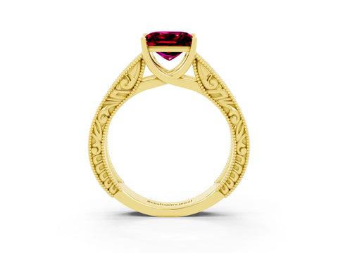 Yellow gold Princess Cut Garnet Solitaire Ring with Engraved Band and Four-Prong Setting_3