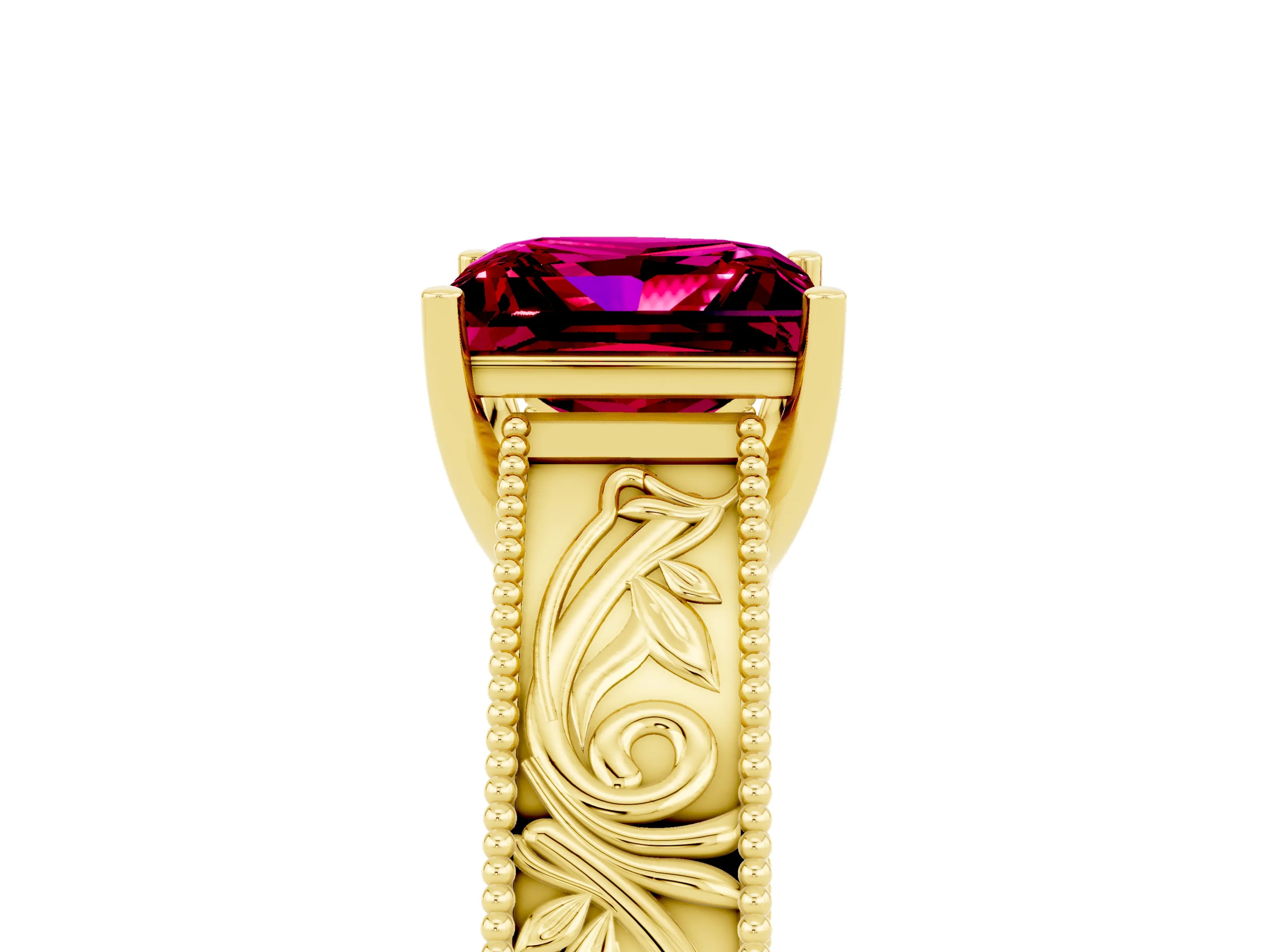 Yellow gold Princess Cut Garnet Solitaire Ring with Engraved Band and Four-Prong Setting_5