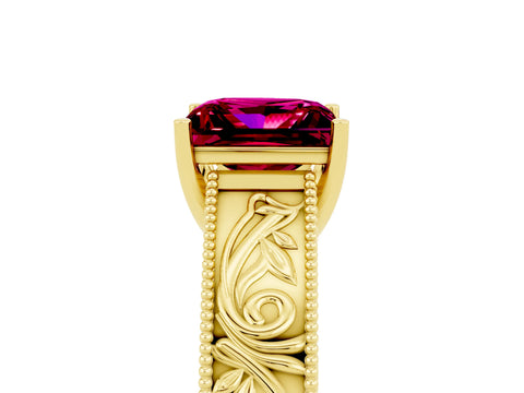 Yellow gold Princess Cut Garnet Solitaire Ring with Engraved Band and Four-Prong Setting_5