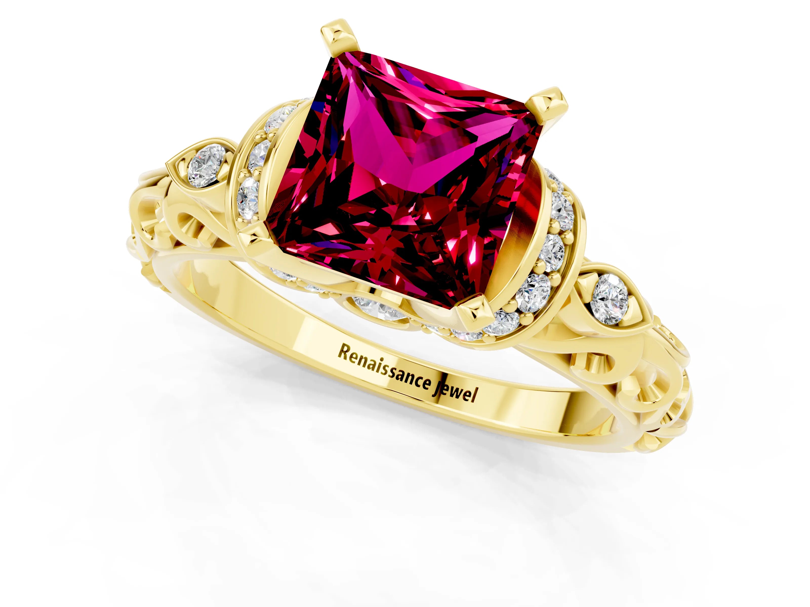 Yellow gold Princess Cut Garnet Solitaire Ring with Filigree Band and Four-Prong Setting_25