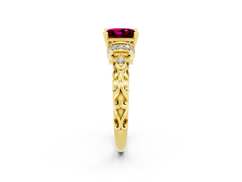 Yellow gold Princess Cut Garnet Solitaire Ring with Filigree Band and Four-Prong Setting_26