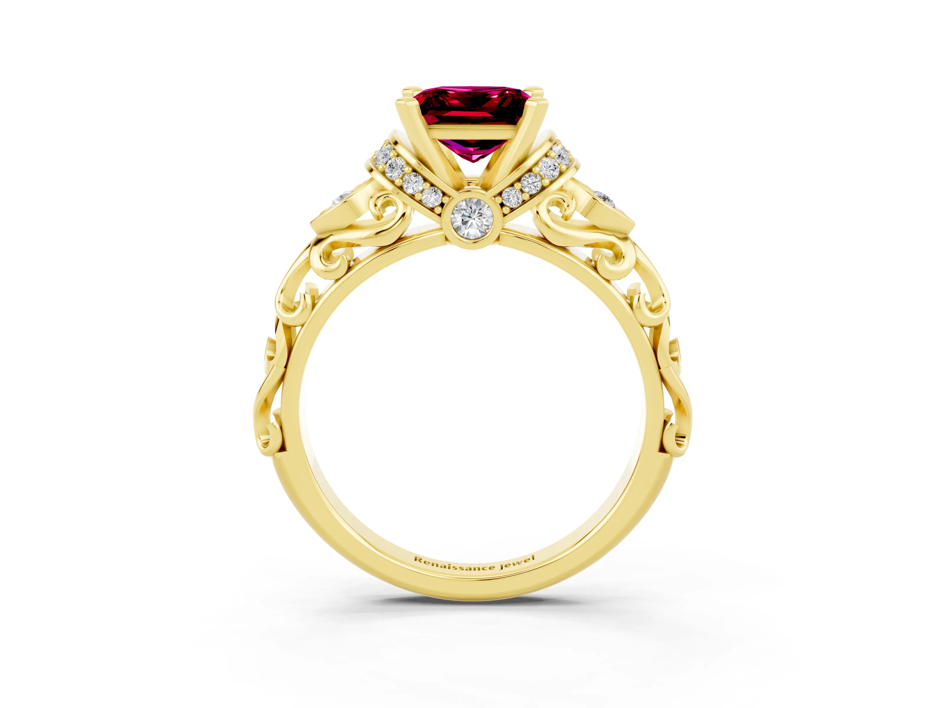 Yellow gold Princess Cut Garnet Solitaire Ring with Filigree Band and Four-Prong Setting_27