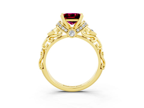 Yellow gold Princess Cut Garnet Solitaire Ring with Filigree Band and Four-Prong Setting_27