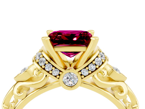 Yellow gold Princess Cut Garnet Solitaire Ring with Filigree Band and Four-Prong Setting_28