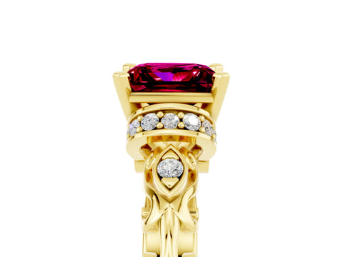Yellow gold Princess Cut Garnet Solitaire Ring with Filigree Band and Four-Prong Setting_29