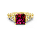 Yellow gold Princess Cut Garnet Solitaire Ring with Filigree Band and Four-Prong Setting_32