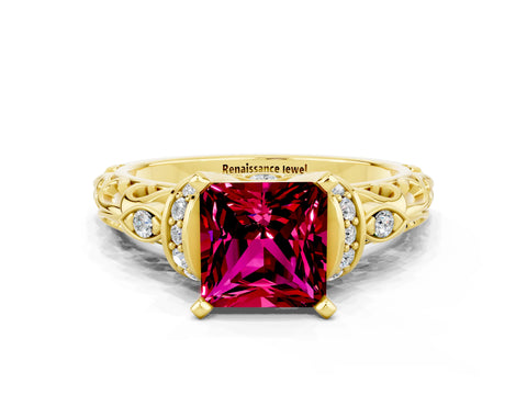 Yellow gold Princess Cut Garnet Solitaire Ring with Filigree Band and Four-Prong Setting_32