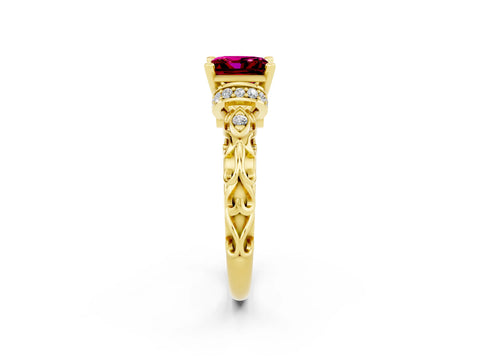 Yellow gold Princess Cut Garnet Solitaire Ring with Filigree Band and Four-Prong Setting_34