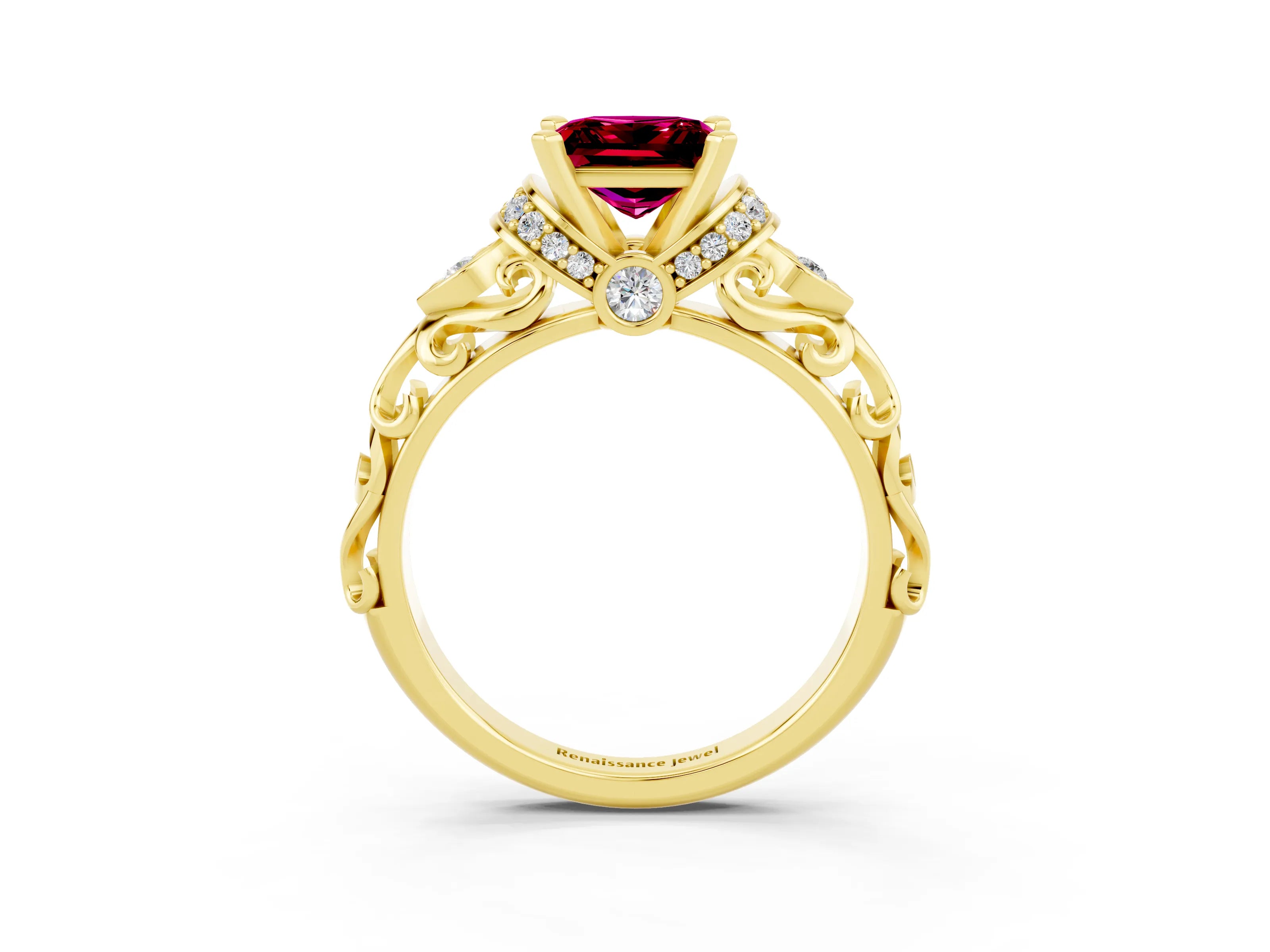 Yellow gold Princess Cut Garnet Solitaire Ring with Filigree Band and Four-Prong Setting_35