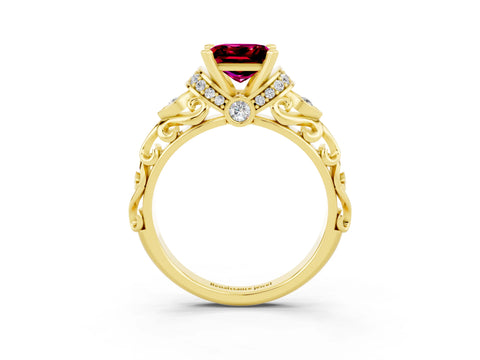 Yellow gold Princess Cut Garnet Solitaire Ring with Filigree Band and Four-Prong Setting_35