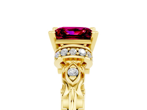 Yellow gold Princess Cut Garnet Solitaire Ring with Filigree Band and Four-Prong Setting_37