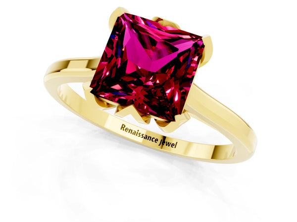 Yellow gold Princess Cut Garnet Solitaire Ring with Flower Prong Setting and Classic Band