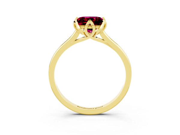 Yellow gold Princess Cut Garnet Solitaire Ring with Flower Prong Setting and Classic Band