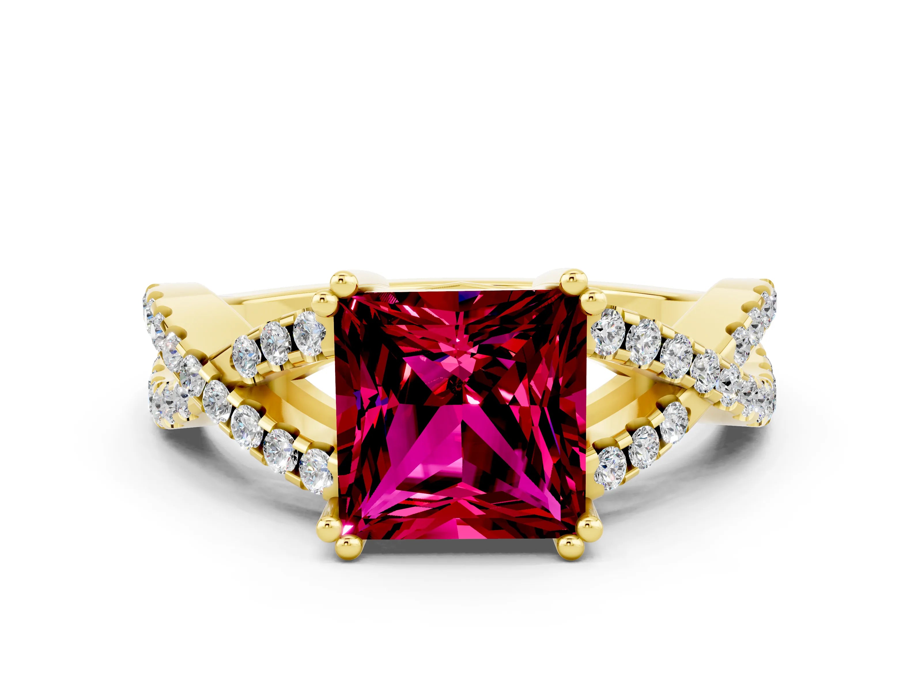 Yellow gold Princess Cut Garnet Solitaire Ring with Four-Prong Setting and Twisted Pavé Band
